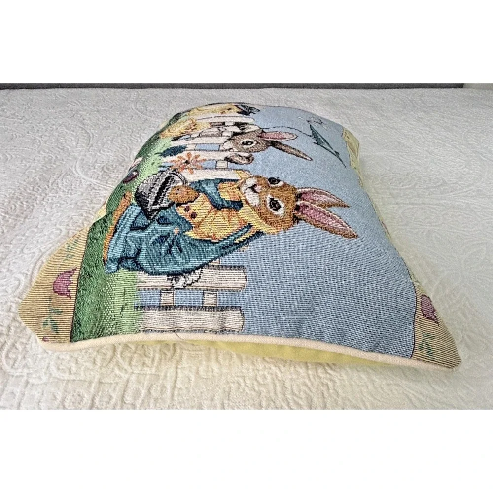 Vintage Tapestry Easter Pillow Rabbits Chicks Farm Scene Needlepoint Style Decor